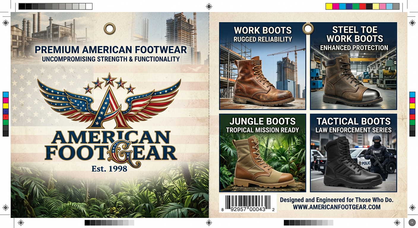 American FootGear retail tag and brand presentation showing work, steel-toe, jungle and tactical boot categories