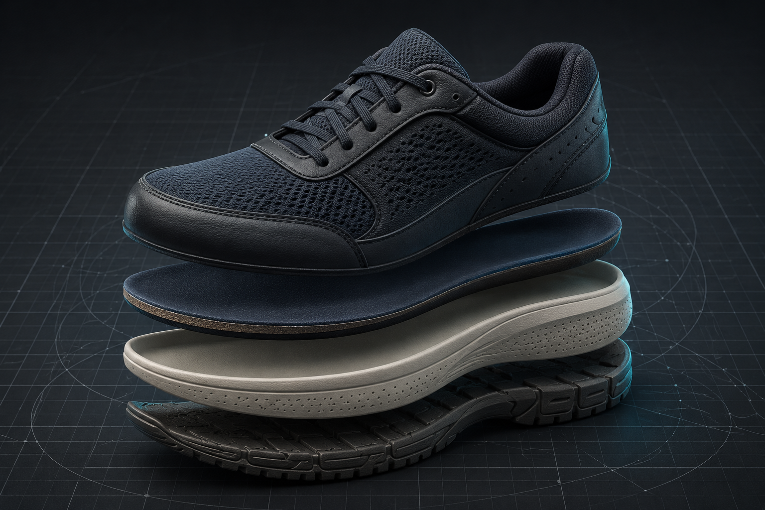 Exploded therapeutic walking shoe with removable footbed and outsole layers