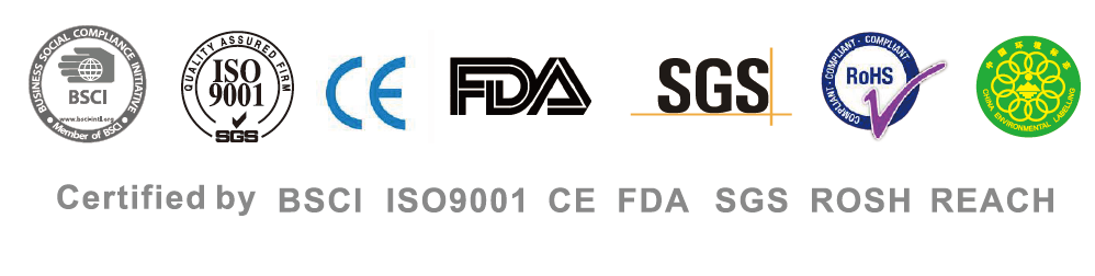 Catalog credential marks for BSCI, ISO 9001, CE, FDA, SGS, RoHS and REACH